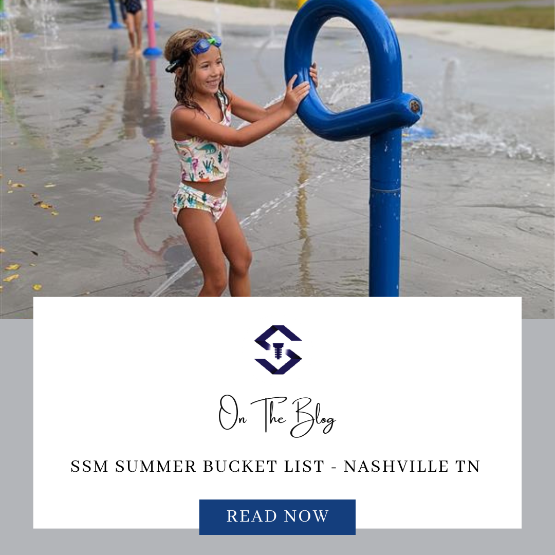 A child enjoys playing with water at a splash pad. The image is promoting a summer bucket list blog post for Nashville, TN.