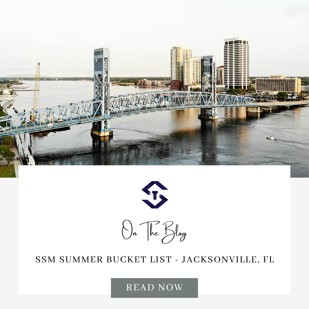 An aerial view of a bridge over a river with buildings in the background. Text overlay reads "SSM Summer Bucket List - Jacksonville, FL" with a call to action.